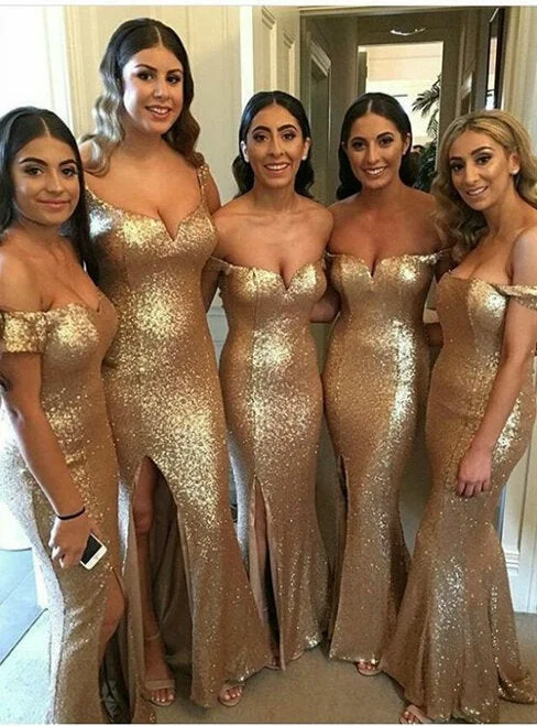 Shop & Save Today Hot Off The Shoulder Gold Sequin Mermaid Bridesmaid Dresses