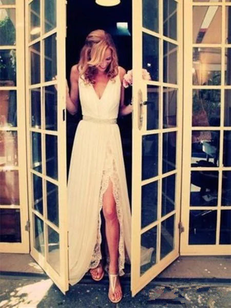 Limited Time Only Ivory A Line V Neck Floor Length Lace Wedding Dress with Slit, A Line V Neck Lace Prom Dresses, Formal Dress Limited Time Only Ivory A Line V Neck Floor Length Lace Wedding Dress with Slit, A Line V Neck Lace Prom Dresses, Formal Dress