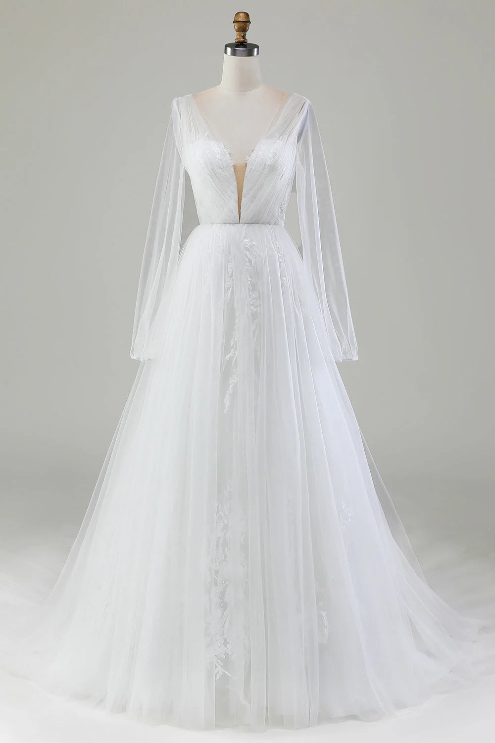 Weekend Only Sale Ivory A-line V-neck long sleeved pleated sheer wedding dress