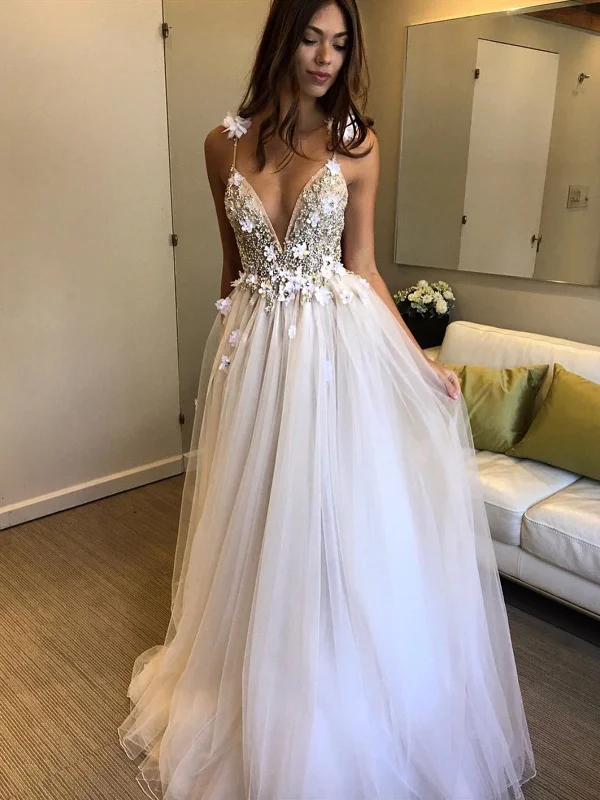 Exclusive Savings Ivory V Neck Backless Beaded Wedding Dresses with 3D Flowers, Ivory Backless Floral Prom Dresses Evening Dresses Exclusive Savings Ivory V Neck Backless Beaded Wedding Dresses with 3D Flowers, Ivory Backless Floral Prom Dresses Evening Dresses