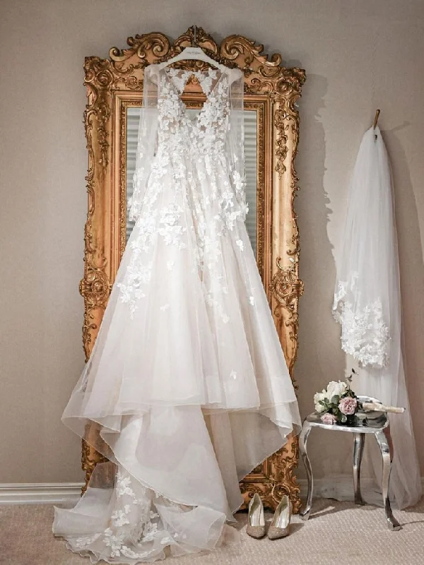The Big Clearance IVORY V NECK TULLE LACE LONG WEDDING DRESS, LACE BEACH WEDDING DRESS,DS3410