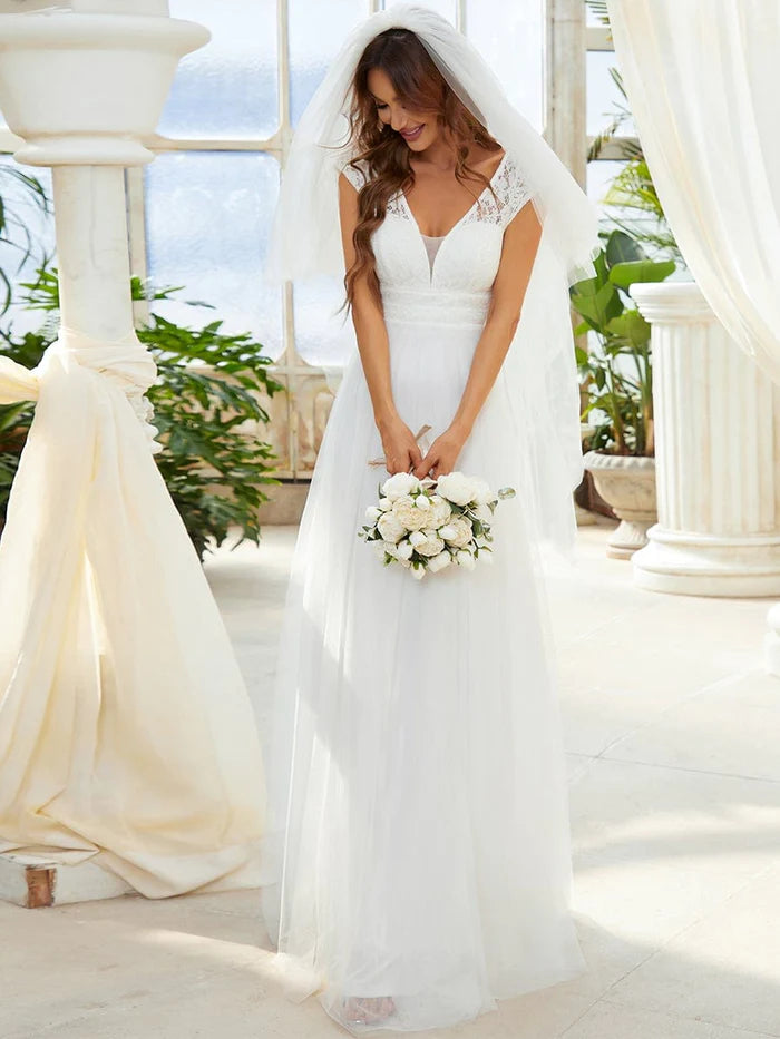 Weekend Mega Deals Lace V-Neck Floor Length Cap Sleeve Casual Wedding Dress