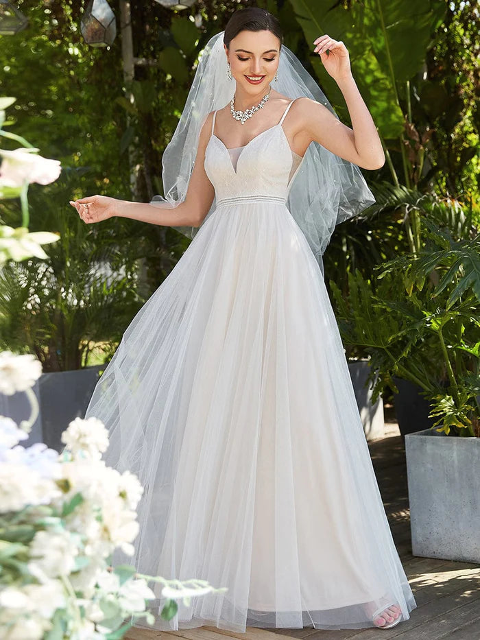 Weekend Bargain Blast Lace V-Neck Spaghetti Strap Empire Waist Tulle Wedding Dress