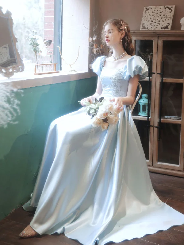 Buy More, Save More Light Blue Satin Lace Long Prom Dress Blue Lace Formal Dress