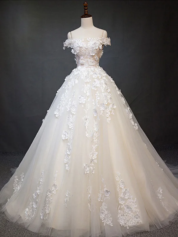 Hot Deals Light Champagne Tulle Lace Long Prom Dress, Lace Tulle Evening Dress