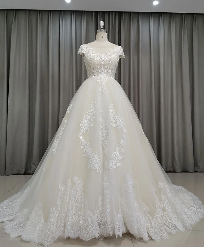 Hot Savings Alert Light Champagne Tulle Lace Long Wedding Dress Lace Bridal Dress