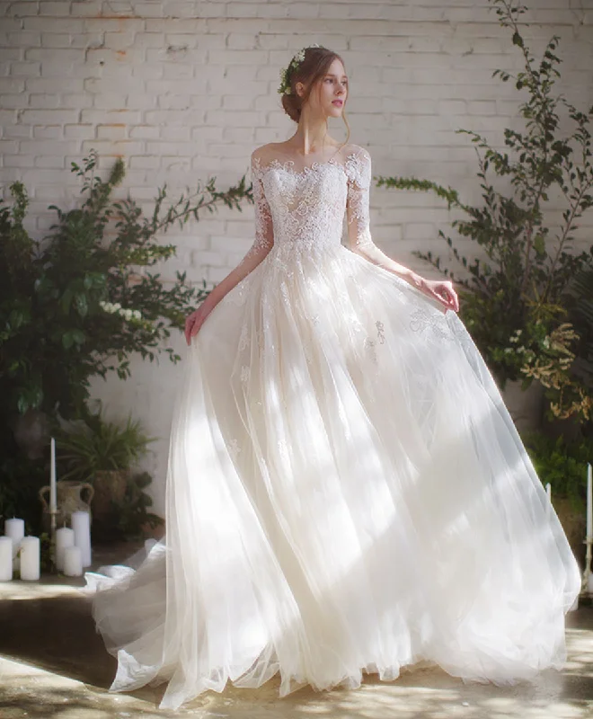 Shop Now and Save Light Champagne Tulle Lace Long Wedding Dress Lace Wedding Gown