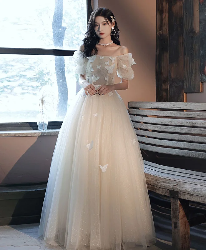 Deal Frenzy Light Champagne Tulle Long Prom Dress, Light Champagne Evening Dress