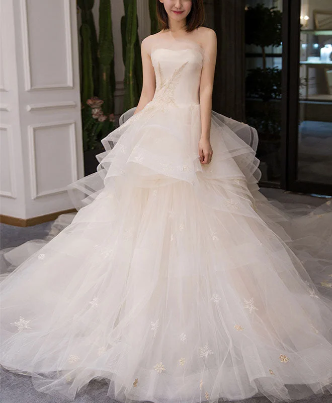 Deal Frenzy Light Champagne Tulle Long Wedding Dress, Champagne Bridal Dress