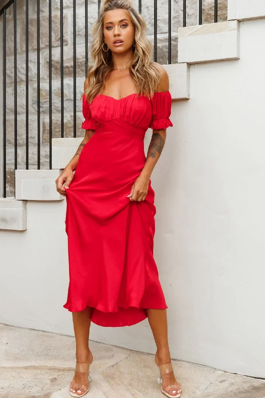 Linka Off-Shoulder Tie Back Midi Dress Red