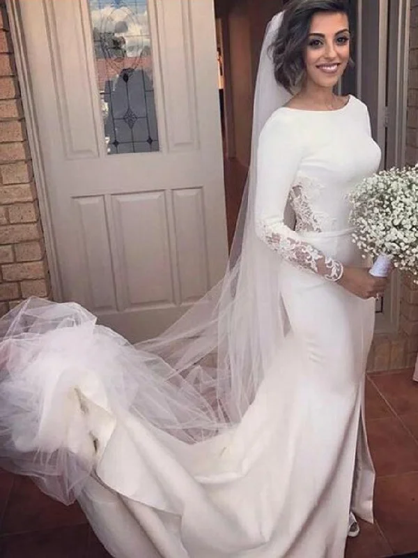 Weekend Bargain Time Long Sleeve Wedding Dresses Mermaid Brush Train Backless Sexy Slit Bridal Gown JKS280
