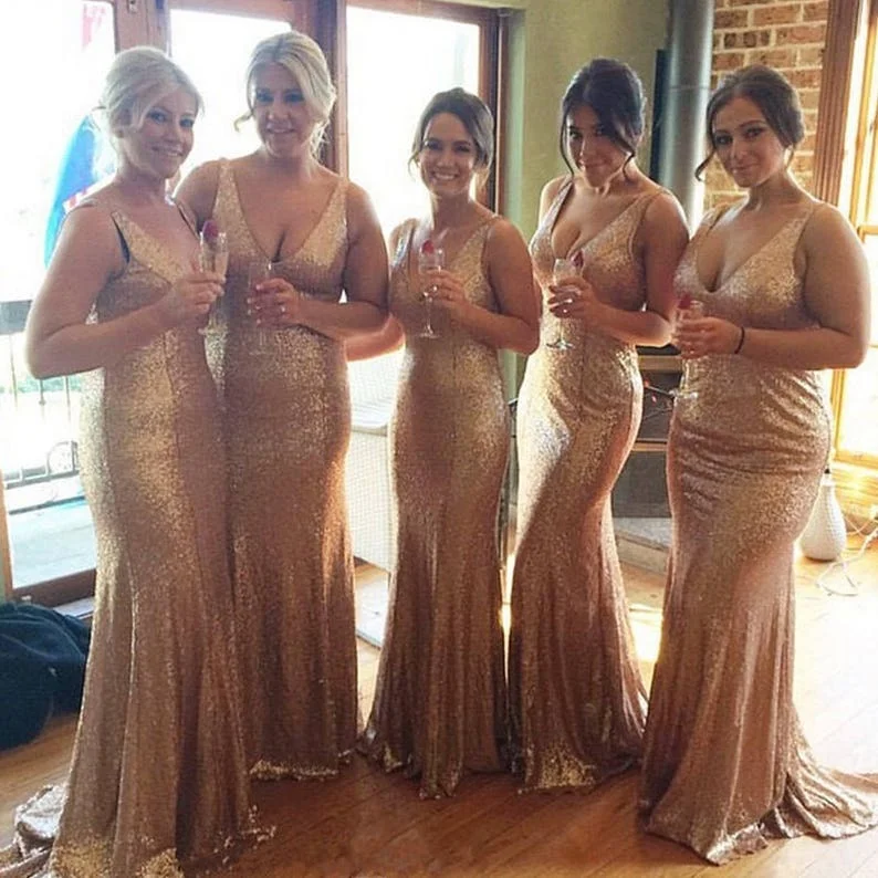Crazy Price Cuts Long Sleeveless V Neck Sequin Rose Gold Bridesmaid Dresses With Train