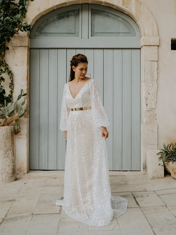 Weekend Price Drops Long Sleeves Sequins Beaded Wedding Dresses, Simple Bridal Dresses, Newest 2023 Long Prom Dresses Weekend Price Drops Long Sleeves Sequins Beaded Wedding Dresses, Simple Bridal Dresses, Newest 2023 Long Prom Dresses