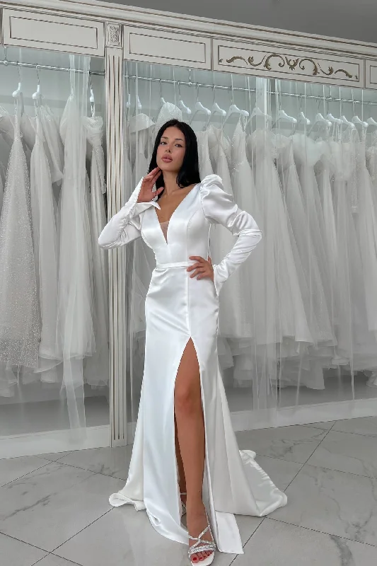 Weekend Promo Offers Long Sleeves Soft Satin Mermaid Wedding Dresses, Simple Wedding Dresses, High Slit Wedding Dresses, Bridal Gown