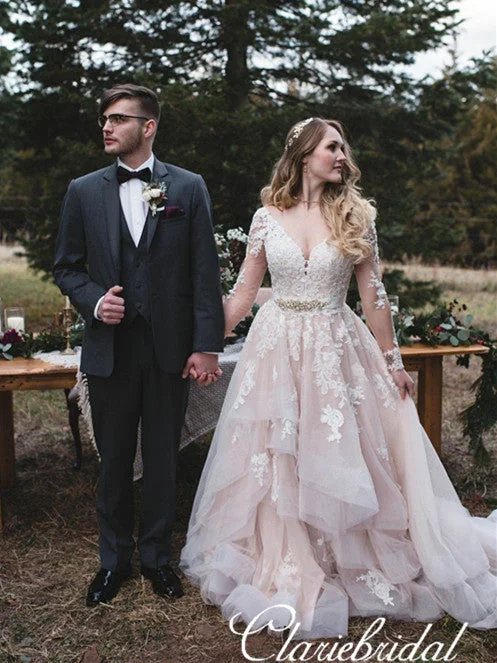Massive Savings Event Long Sleeves V-neck Lace Tulle Country Wedding Dresses
