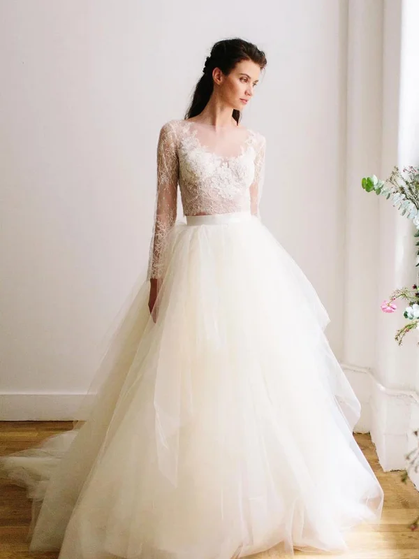 Weekend Steal of the Day Long Sleeves White Round Neck Two Pieces Lace Tulle Long Prom Dresses, Long Sleeves White 2 Pieces Lace Wedding Dresses Weekend Steal of the Day Long Sleeves White Round Neck Two Pieces Lace Tulle Long Prom Dresses, Long Sleeves White 2 Pieces Lace Wedding Dresses