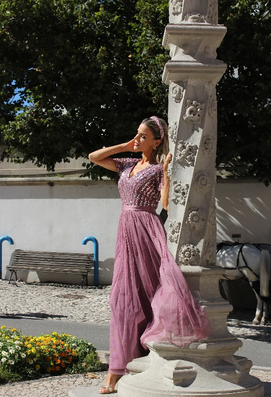 Limited Offer Lotus Pink V NECK SEQUIN AND TULLE DRESS WITH TIE WAIST
