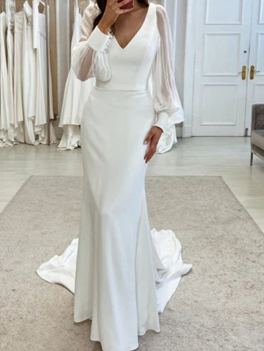 Weekend Steals and Deals Loudspeaker/fishtail V-neck and ground long sleeved wedding dress Weekend Steals and Deals Loudspeaker/fishtail V-neck and ground long sleeved wedding dress