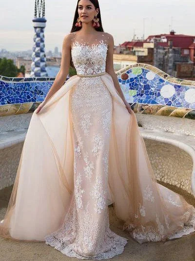 Weekend Exclusive Offers Luxury Wedding Dresses Sheath/Column Detachable Train Appliques Tulle Bridal Gown JKW103 Weekend Exclusive Offers Luxury Wedding Dresses Sheath/Column Detachable Train Appliques Tulle Bridal Gown JKW103
