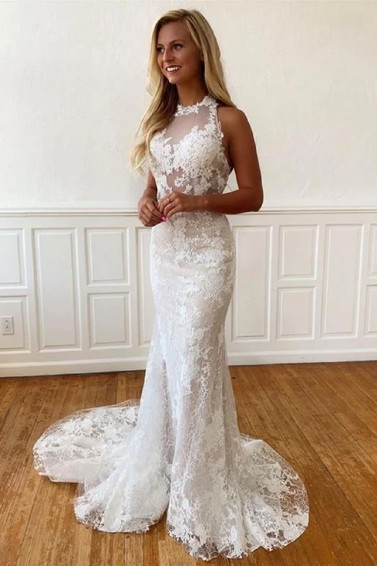 Weekend Special Bargains Mermaid Halter Neck Backless Ivory Lace Long Prom Wedding Dresses with Train, Mermaid Ivory Formal Dresses, Ivory Lace Evening Dresses Weekend Special Bargains Mermaid Halter Neck Backless Ivory Lace Long Prom Wedding Dresses with Train, Mermaid Ivory Formal Dresses, Ivory Lace Evening Dresses