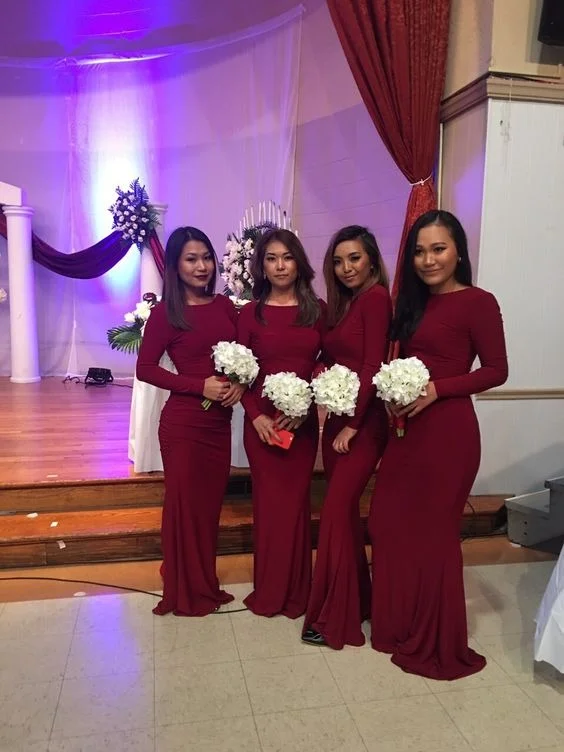 Weekend Specials Galore Mermaid Neckline Long Sleeves Satin Burgundy Bridesmaid Dresses Weekend Specials Galore Mermaid Neckline Long Sleeves Satin Burgundy Bridesmaid Dresses