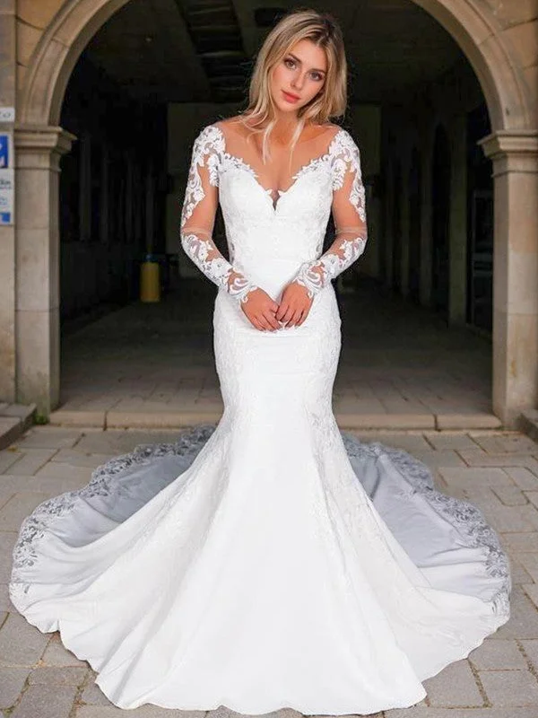 Deal Frenzy Mermaid Scoop Long Sleeves Appliques Lace Cathedral Train Stretch Crepe Wedding Dress Deal Frenzy Mermaid Scoop Long Sleeves Appliques Lace Cathedral Train Stretch Crepe Wedding Dress