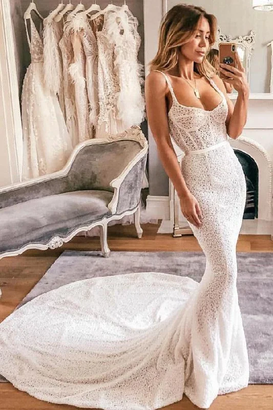 Flash Discounts Mermaid Spaghetti Straps Lace Wedding Dress Bridal Gown  ,DS2679