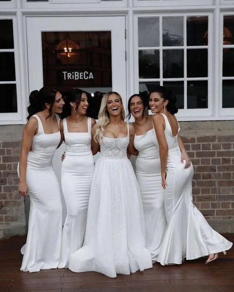 Last Chance Sale Mermaid Square Floor Length White Satin Bridesmaid Dresses Wedding Guest Dress