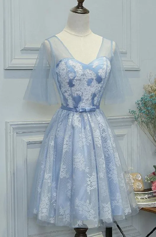 Weekend Bargain Shopping Mini Short Prom Dress, Blue lace short prom dress with sleeves, short bridesmaid dress with bowknot,DP24582