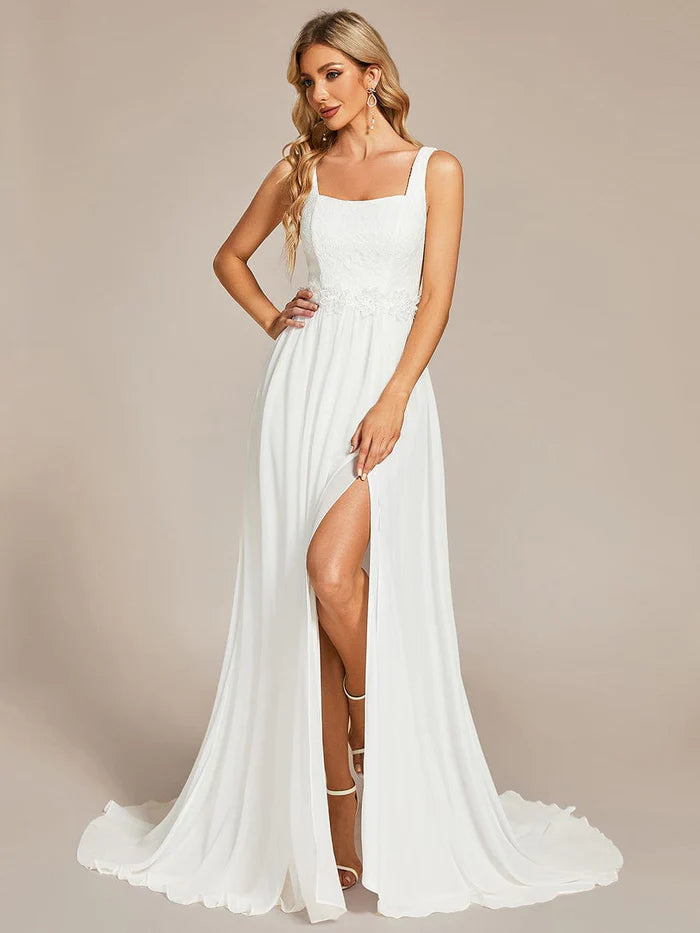 Weekend Buy One Get One Minimalist Square Neckline High Slit Wedding Dress with Lace Applique Weekend Buy One Get One Minimalist Square Neckline High Slit Wedding Dress with Lace Applique