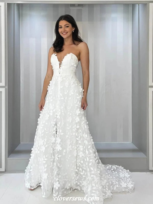 Weekend Markdowns Mismatched White 3D Leafy Lace A-line Wedding Dresses, CW0403