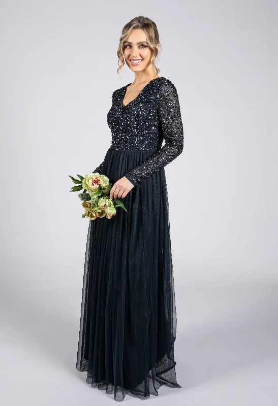 Seasonal Sale Navy Long Sleeve Tulle and Sequin Dress