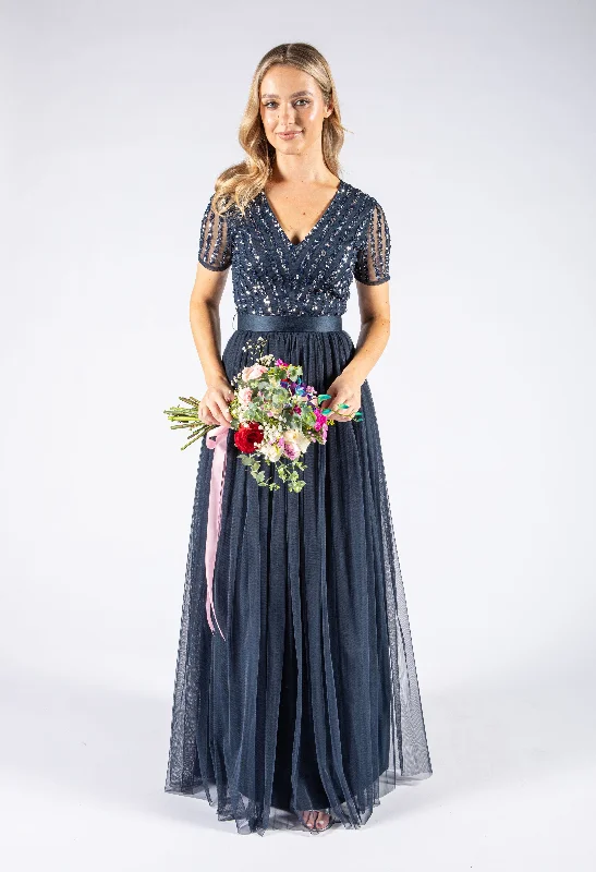 Massive Discounts NAVY V NECK SEQUIN AND TULLE DRESS WITH TIE WAIST