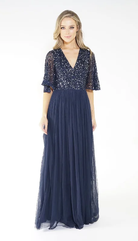 Weekend Closeout Deals NAVY V NECK TULLE DRESS