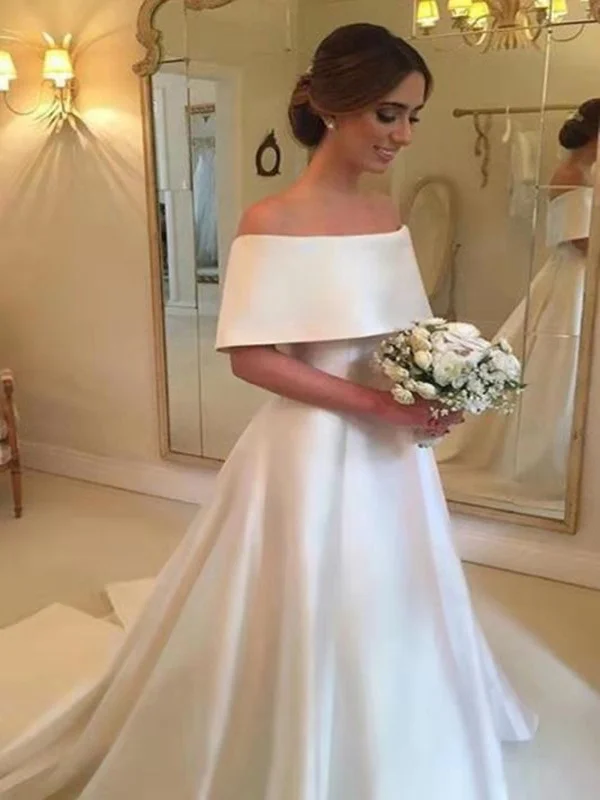 Price Cut Alert Off Shoulder A-Line Sweep Train White Wedding Dresses