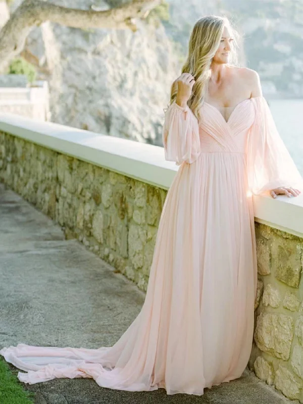 Hot Sale Items Off Shoulder Blush Pink Chiffon Long Wedding Dresses, Simple Wedding Dresses, A-line Wedding Dresses, 2022 Wedding Dresses Hot Sale Items Off Shoulder Blush Pink Chiffon Long Wedding Dresses, Simple Wedding Dresses, A-line Wedding Dresses, 2022 Wedding Dresses