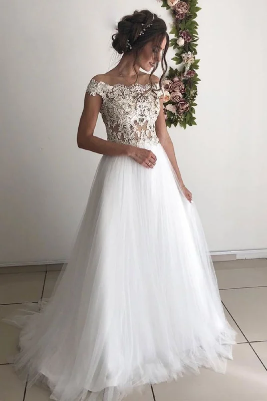Weekend Savings Mania Off Shoulder White Tulle Lace Long Prom Dresses, Off the Shoulder White Wedding Dresses, White Lace Formal Evening Dresses Weekend Savings Mania Off Shoulder White Tulle Lace Long Prom Dresses, Off the Shoulder White Wedding Dresses, White Lace Formal Evening Dresses
