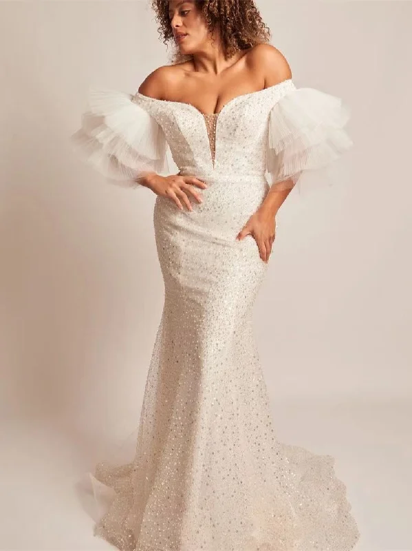 Exclusive Flash Sale Off the Shoulder Beaded Tulle Mermaid Wedding Dresses, Bridal Gown, Ruffled Sleeves Wedding Dresses Exclusive Flash Sale Off the Shoulder Beaded Tulle Mermaid Wedding Dresses, Bridal Gown, Ruffled Sleeves Wedding Dresses