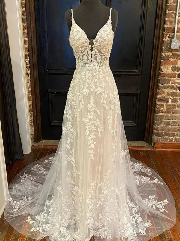 Weekend Flash Discount Open Back V Neck White Lace Long Wedding Dresses with Train, White Lace Prom Dresses, White Evening Dresses Weekend Flash Discount Open Back V Neck White Lace Long Wedding Dresses with Train, White Lace Prom Dresses, White Evening Dresses