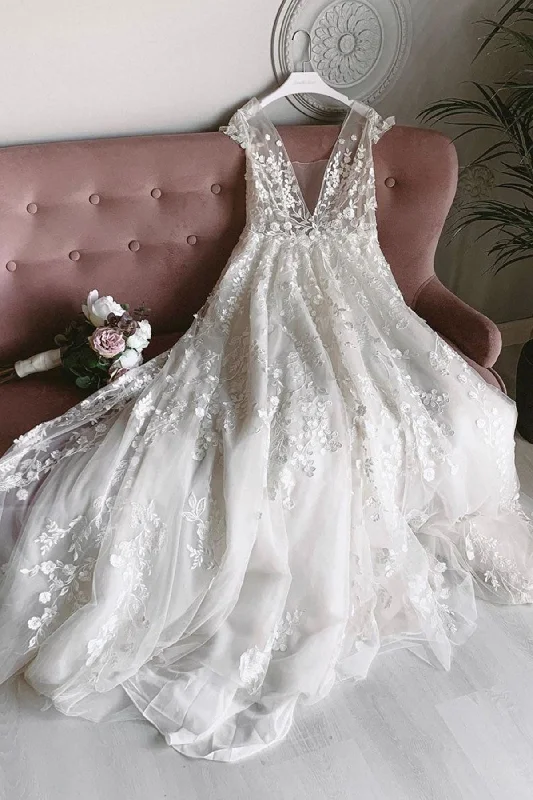 Weekend Flash Sale Open Back White Lace Tulle Long Prom Wedding Dresses, Ivory Lace Formal Evening Dresses Weekend Flash Sale Open Back White Lace Tulle Long Prom Wedding Dresses, Ivory Lace Formal Evening Dresses