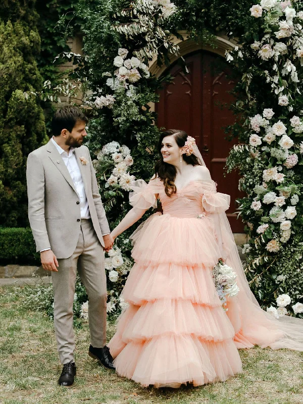 Weekend Must-Have Offers Peach Off Shoulder Tulle Wedding Dresses, Cake Wedding Dresses, Puffy New Wedding Dresses, Bridal Gown