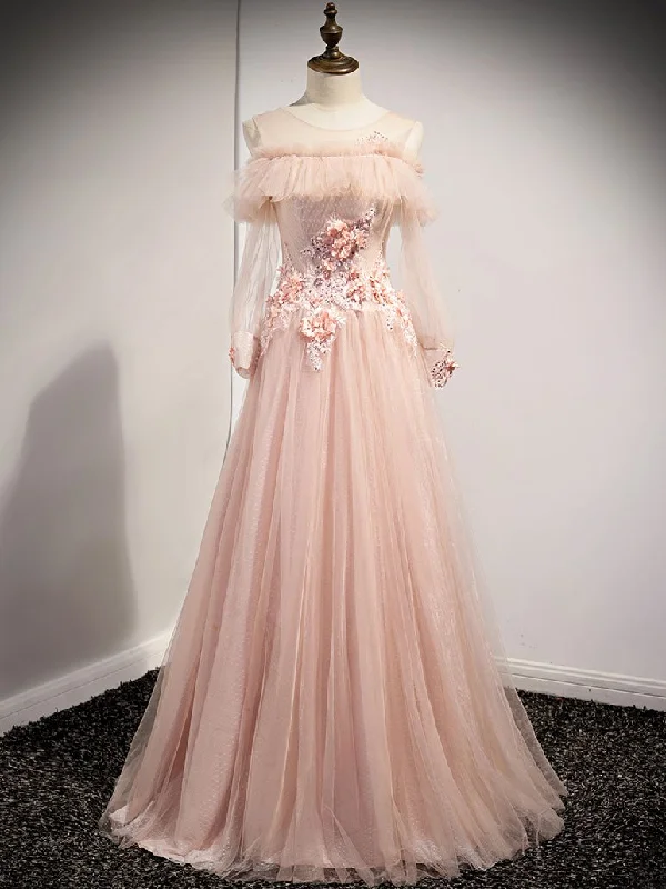 Super Low Prices Pink round neck tulle lace long prom dress, pink lace bridesmaid dress,DS1936