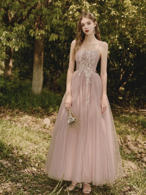 Weekend Must-Have Offers Pink Tulle Lace Tea Length Prom Dress, Lace Evening Dress