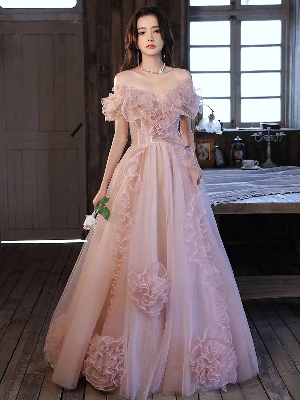 Limited Stock Pink Tulle Off Shoulder Long Prom Dress, Pink Formal Graduation Dresses