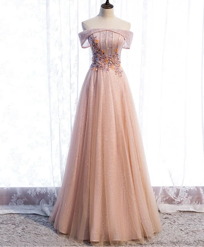 Flash Discounts Pink Tulle Sequin Beads Long Prom Dress, Pink Tulle Formal Dresses