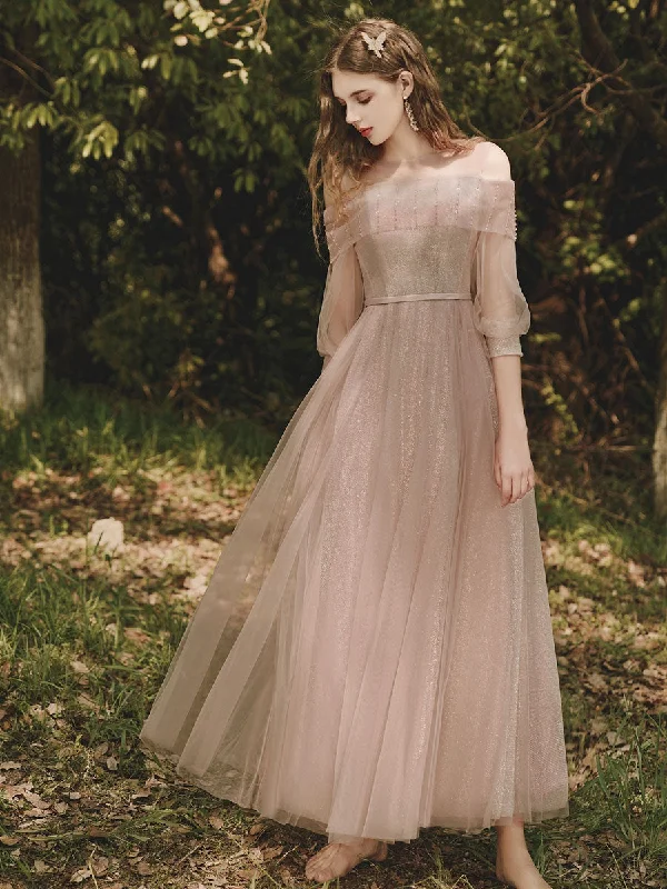 Weekend Offers Galore Pink Tulle Tea Length Prom Dress, Pink Tulle Formal Dress