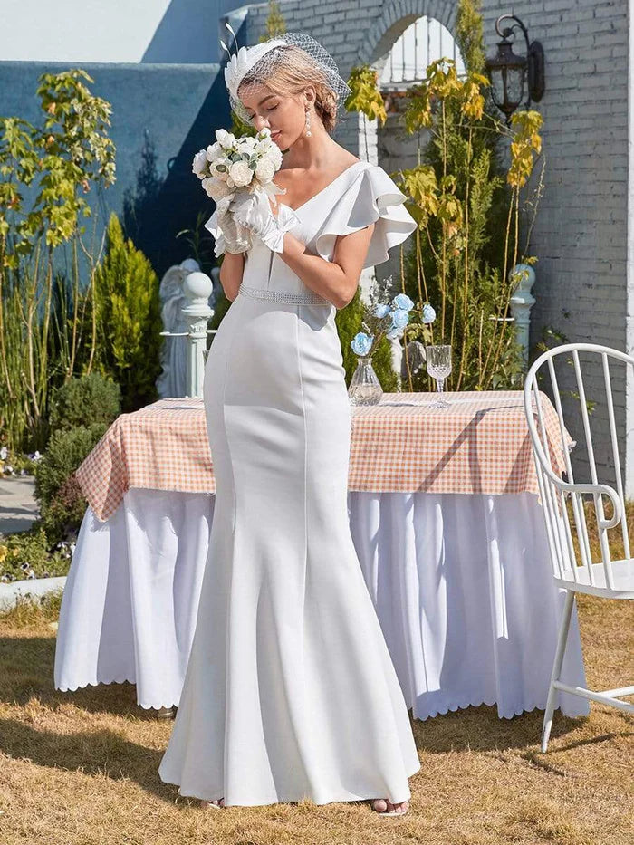 Weekend Must-Have Offers Plain Maxi Fishtail Corset Elopement Wedding Dress with Ruffle Sleeves Weekend Must-Have Offers Plain Maxi Fishtail Corset Elopement Wedding Dress with Ruffle Sleeves