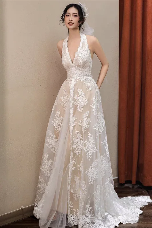 Hot Picks Plunge A-line Lace Wedding Dresses, Halter Classic Wedding Gown, Bridal Gown, Newest Wedding Dresses Hot Picks Plunge A-line Lace Wedding Dresses, Halter Classic Wedding Gown, Bridal Gown, Newest Wedding Dresses