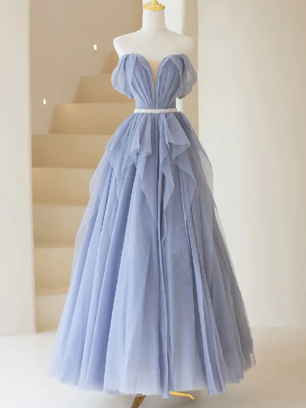 Weekend Special Purple Tulle  Off Shoulder Long Prom Dress, Purple Formal Evening Dresses