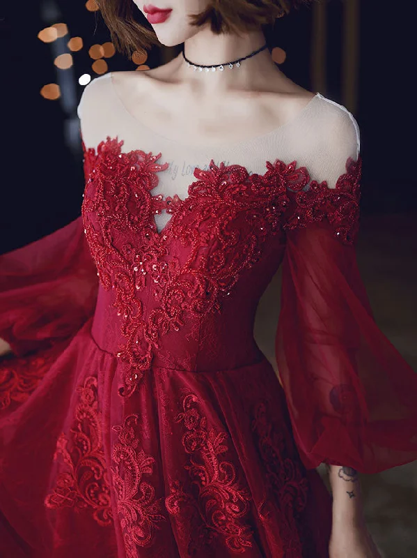 Deal Frenzy Red A line Tulle Lace Long Prom Dress, Tulle Lace Evening Dress